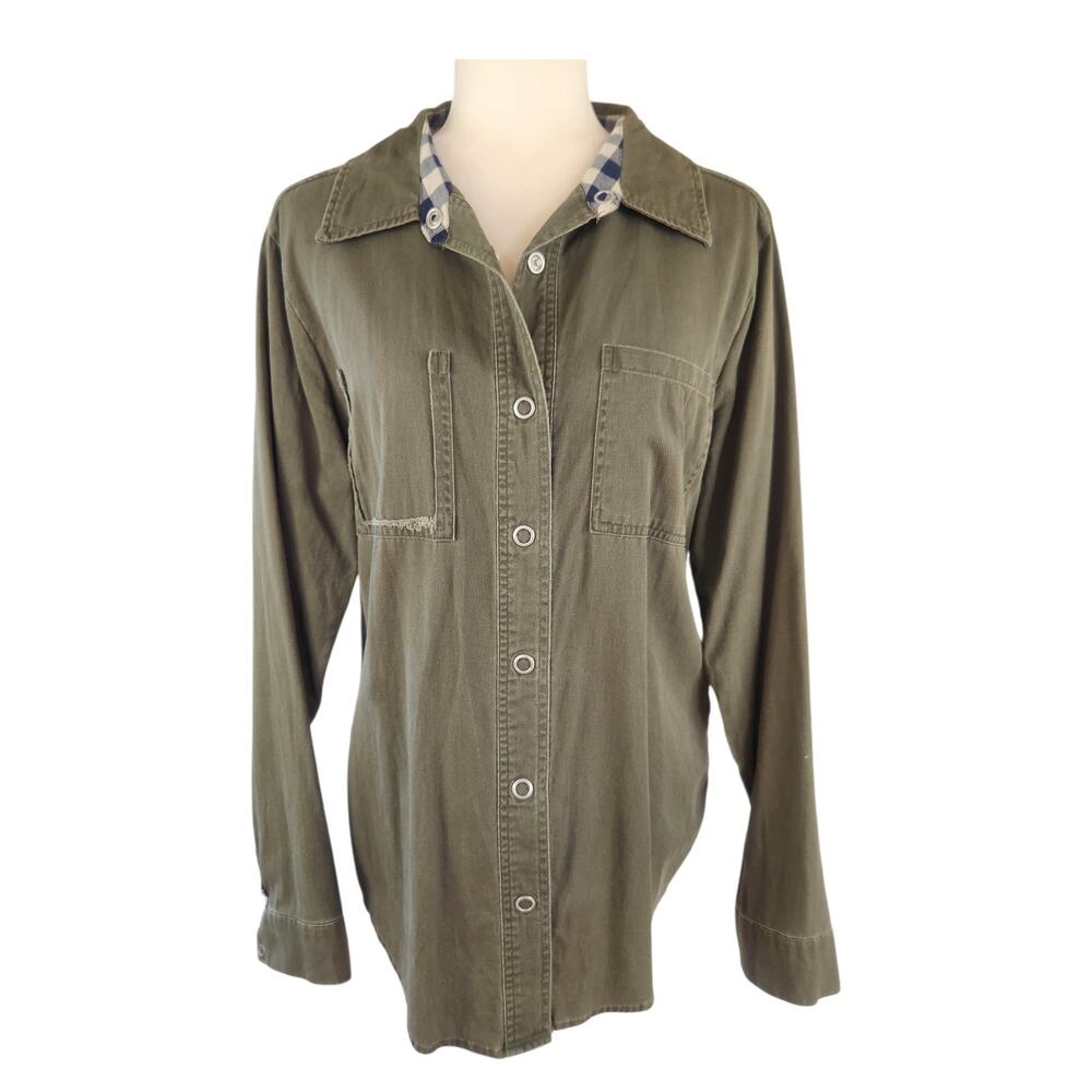 BKE Sheer Lattice Back Snap Front Top Medium Tattered Boho Cowgirl Green Western - Picture 3 of 14